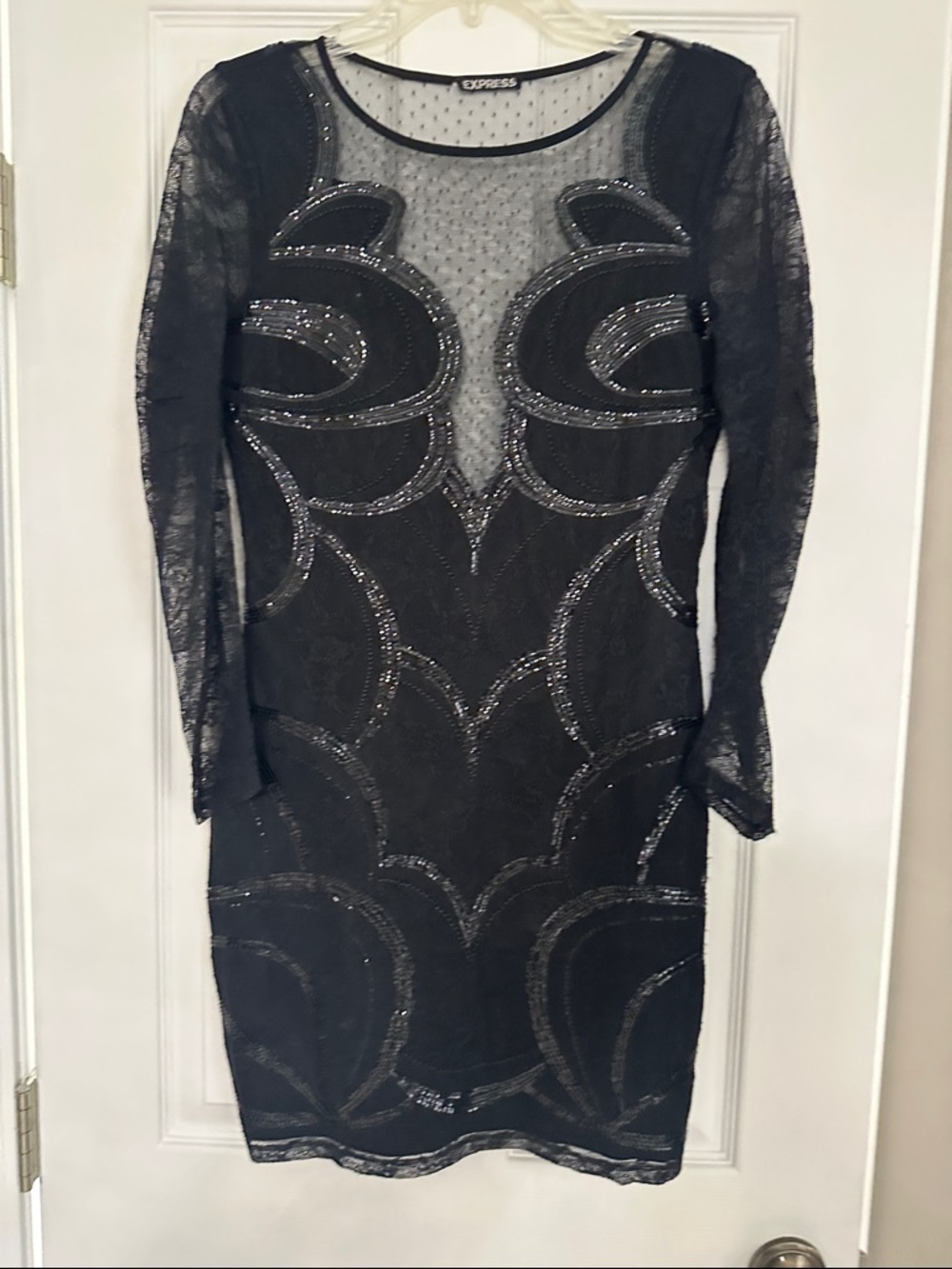 Express Black Beaded Sheer Lace Long Sleeve Dress